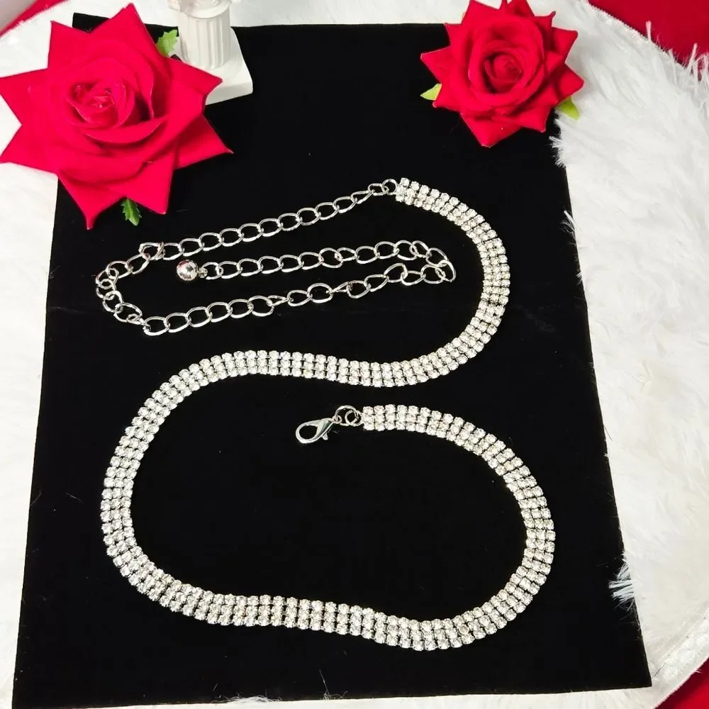 Rhinestone Chain Belt Silver Crystal 3 Row Adjustable Dress Waist Jewelry 39